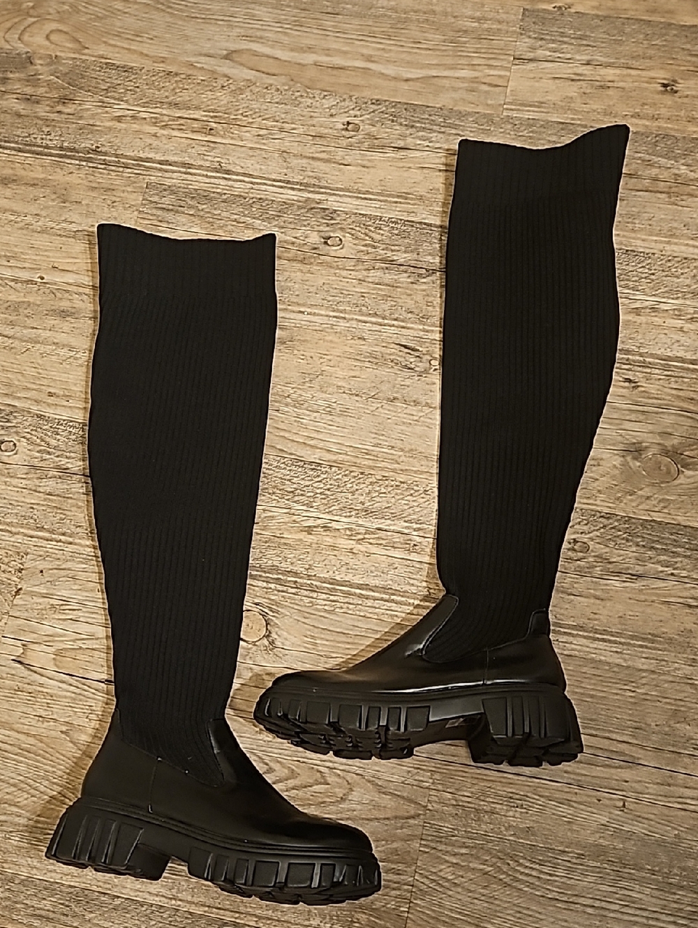 Over-the-Knee Black Stretch Sock Boots with Lug Sole